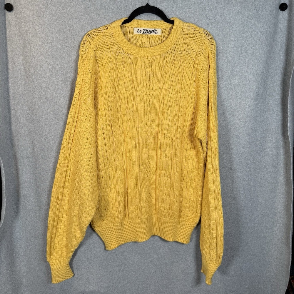 Vintage Le Tigre Sweater Mens Large Tall Yellow Cable Knit Pullover Cotton